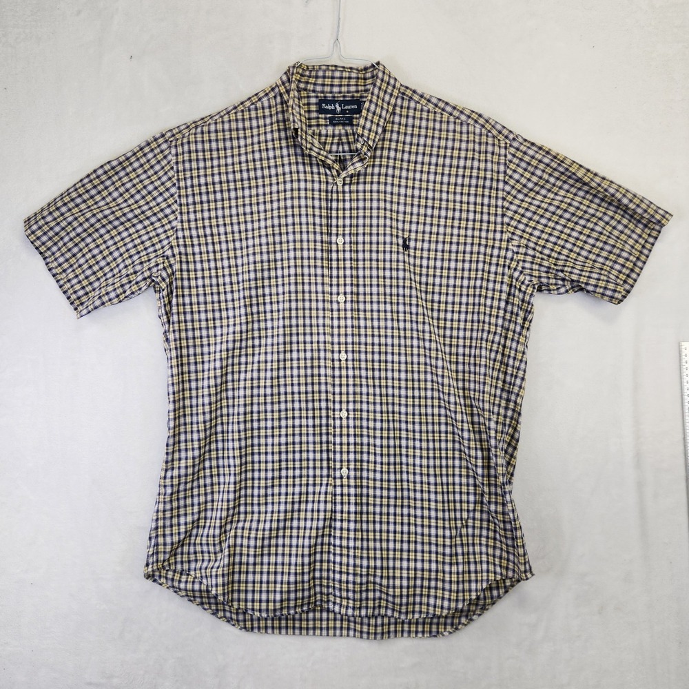 Ralph Lauren Blake Mens Medium Short Sleeve Button Down Shirt Navy‎ Yellow Plaid